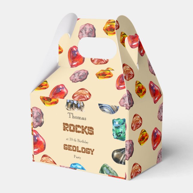 Geology birthday party rocks gemstone favor boxes (Front Side)