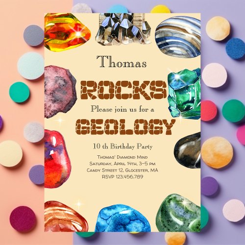 Geology birthday party rocks gemstone invitation