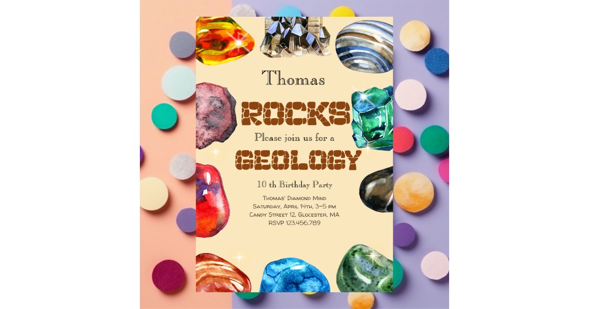 Geology birthday party rocks gemstone invitation | Zazzle