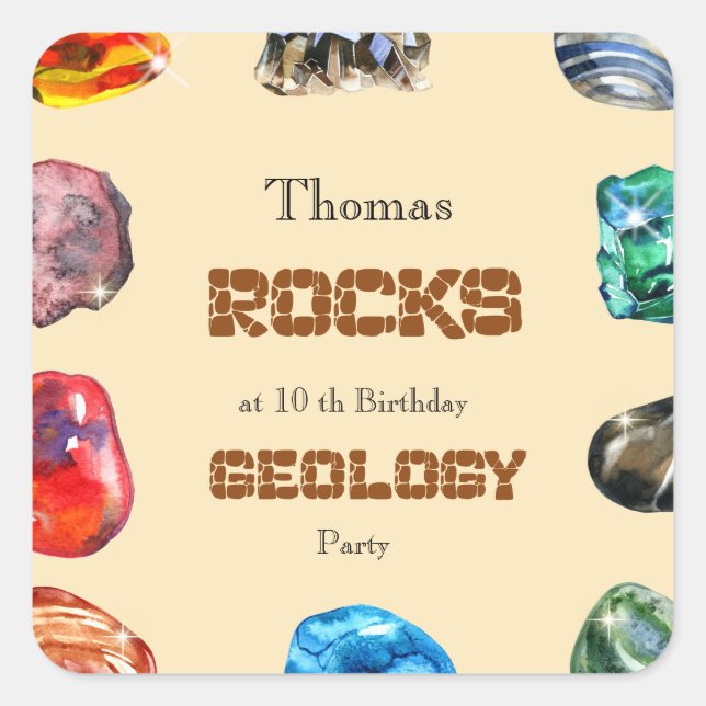 Geology birthday party rocks gemstone square sticker (Front)