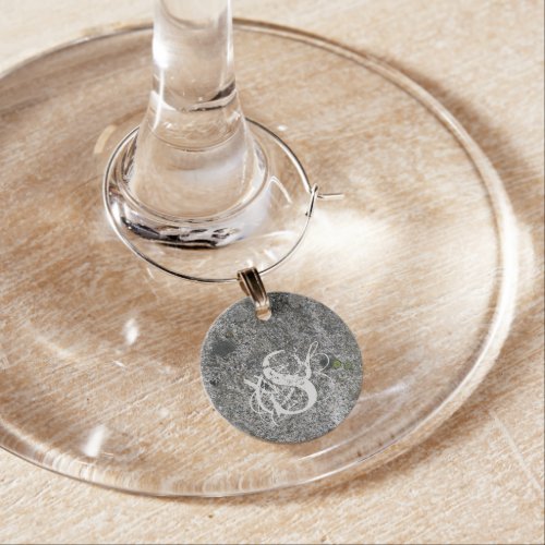 Geology Gray Granite Rock Moss Monogram Wine Glass Charm