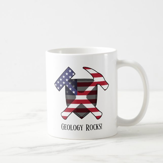 "Geology Rocks" American Flag Crossed Hammer Logo Coffee Mug (Right)