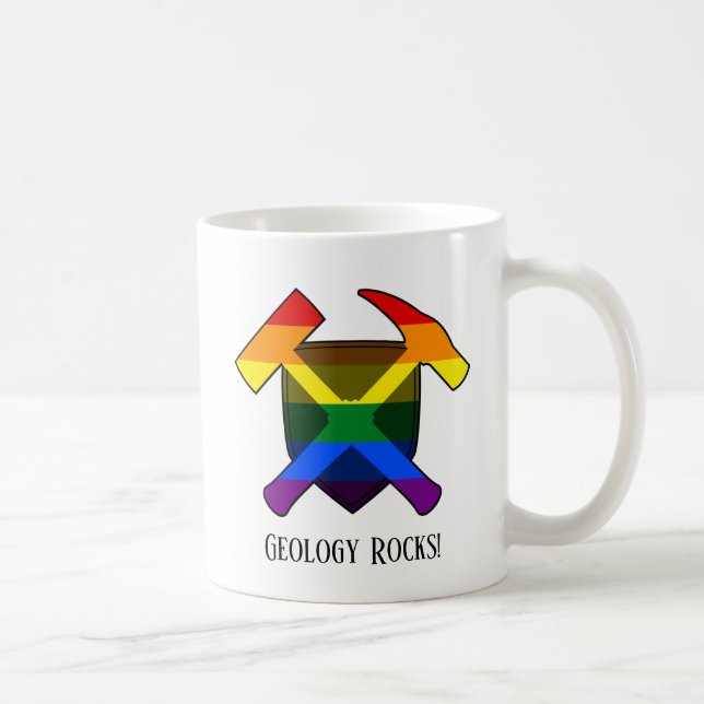 "Geology Rocks" LGBT Rainbow Flag Hammer Logo Coffee Mug (Right)