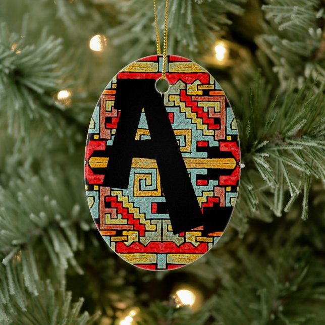 Geomethric Tribal/Ethnic Pattern & Initials Ceramic Ornament (Tree)