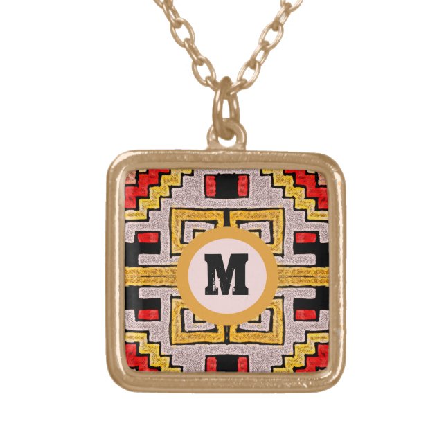 Geomethric Tribal/Ethnic Pattern & Monogram Gold Plated Necklace (Front)