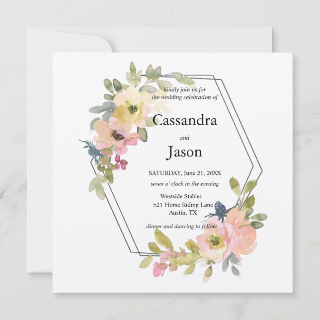 Geometic Watercolor Floral Wedding Invitation (Front)