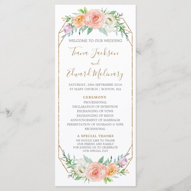 Geometri Watercolor Flowers Wedding Program (Front)