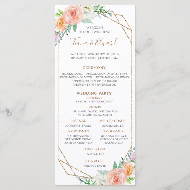 Geometri Watercolor Flowers Wedding Timeline Program (Front)