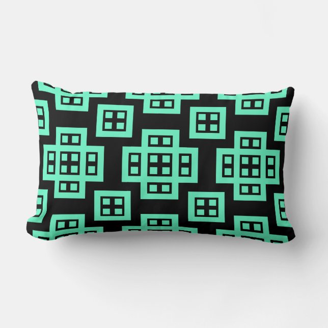 Geometric 030614 - Turquoise on Black Lumbar Pillow (Front)