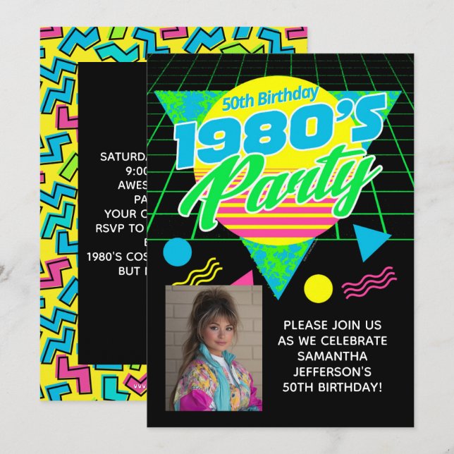 Geometric 1980s 80s 50th Photo Birthday Party Invitation (Front/Back)