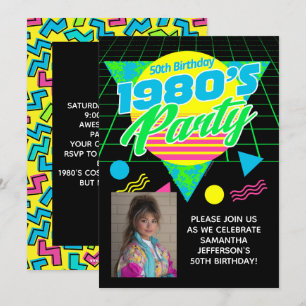 Geometric 1980s 80s 50th Photo Birthday Party Invitation