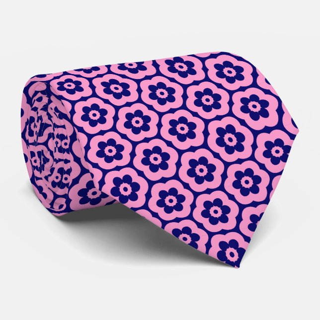 Geometric 280514 (03) - Pink on Deep Navy Neck Tie (Rolled)