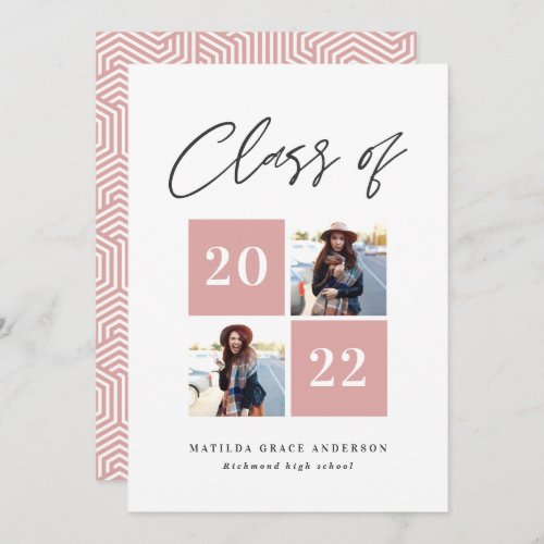 Geometric 2 photo typography pink girly graduation announcement