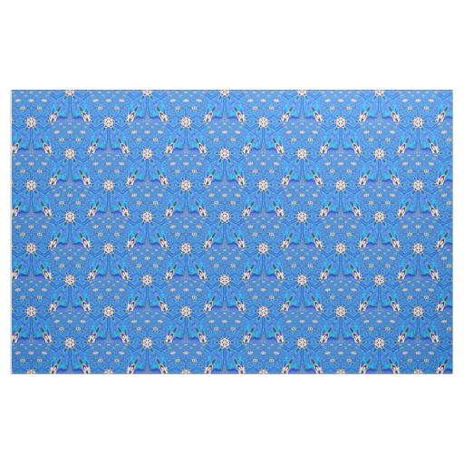 geometric 6-point white flowers on blue fabric