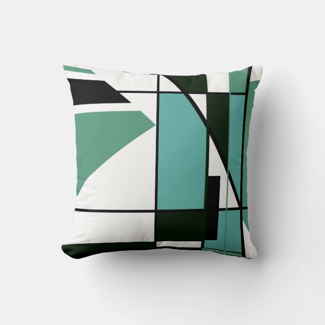 Geometric Abstract Art Mosaic in Green White Black Throw Pillow (Front)