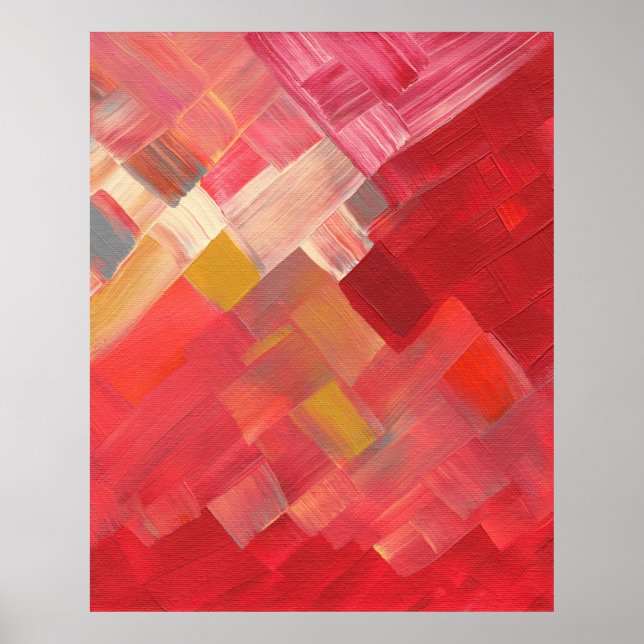 Geometric Abstract Brushstrokes Red, Pink & Gold Poster (Front)