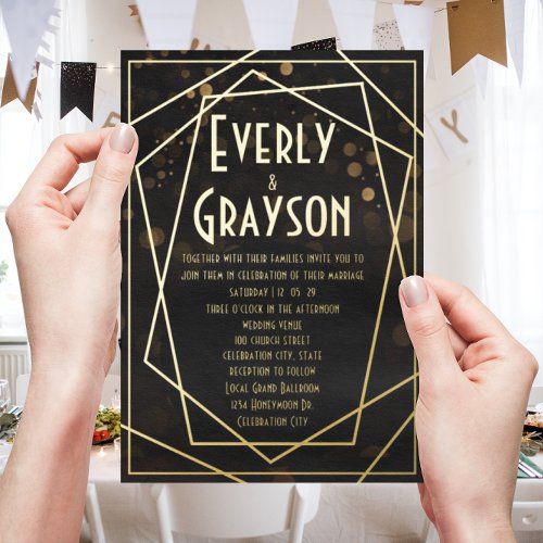Geometric Abstract Frame Gold Wedding      Foil Invitation
