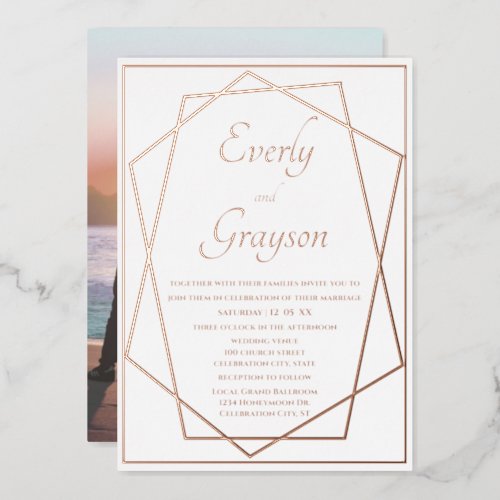 Geometric Abstract Frame Rose Gold Wedding      Foil Invitation