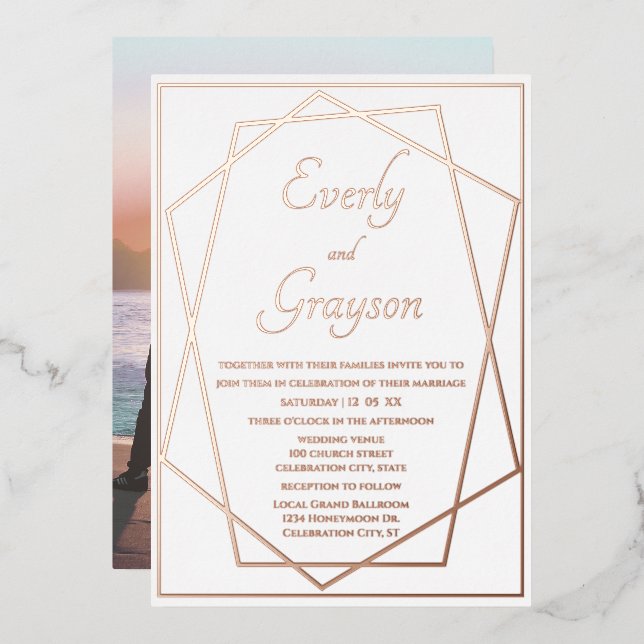 Geometric Abstract Frame Rose Gold Wedding      Foil Invitation (Front/Back)
