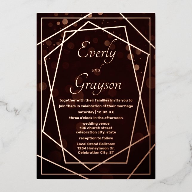 Geometric Abstract Frame Rose Gold Wedding      Foil Invitation (Front)