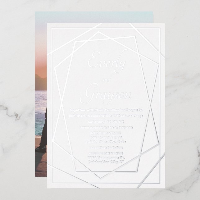 Geometric Abstract Frame SILVER Wedding       Foil Invitation (Front/Back)