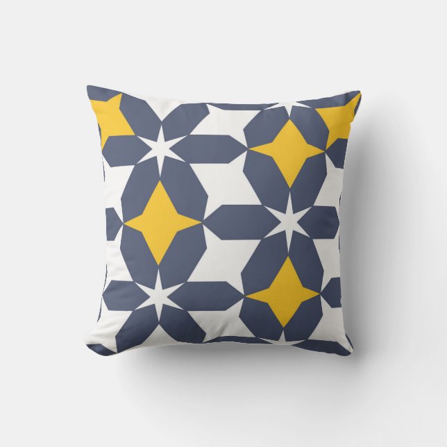 Geometric, abstract, navy blue, white, yellow outdoor pillow (Front)