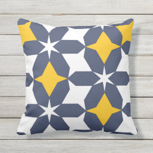 Geometric, abstract, navy blue, white, yellow outdoor pillow