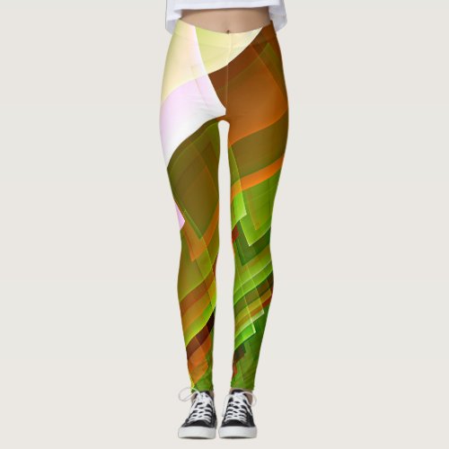 Geometric abstract orange green pattern leggings