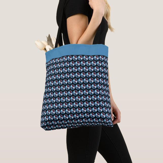 GEOMETRIC ABSTRACT PATTERNED BLUE BLACK RED CIRLCE TOTE BAG (Close Up)