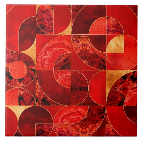 Geometric Abstract _ Red textures and Gold Ceramic Tile