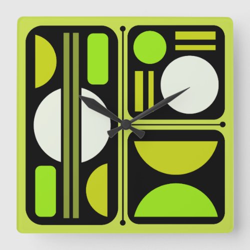 Geometric Abstract Retro Art Chartreuse Green Square Wall Clock