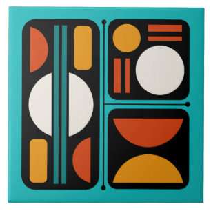 Geometric Abstract Retro Art Turquoise Orange Ceramic Tile