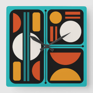 Geometric Abstract Retro Art Turquoise Orange Square Wall Clock