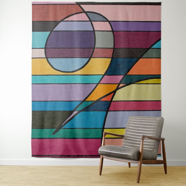 Geometric Abstract with Bold Stripes and Curves Tapestry (In Situ)