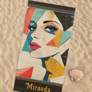 Geometric Abstract Woman with Aqua Eyes Beach Towel