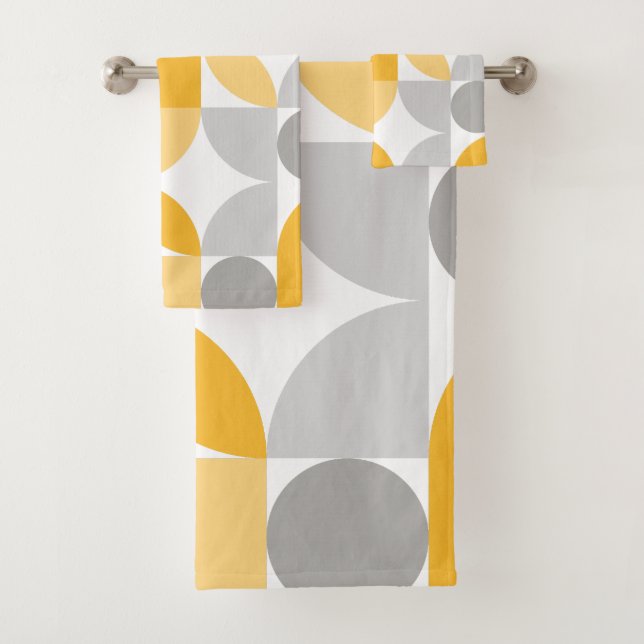 Geometric Abstract Yellow Grey Mid Century Modern Bath Towel Set (Insitu)