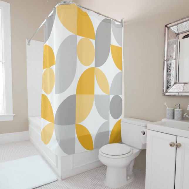 Geometric Abstract Yellow Grey Mid Century Modern Shower Curtain (In Situ)