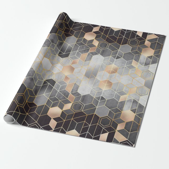 Geometric abstraction of hexagons on a black and w wrapping paper (Unrolled)