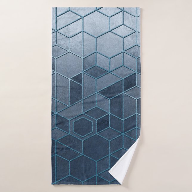 Geometric abstraction of hexagons on a blue relief bath towel (Bath Towel)