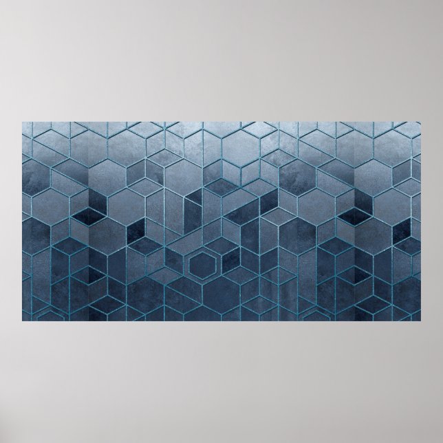 Geometric abstraction of hexagons on a blue relief poster (Front)