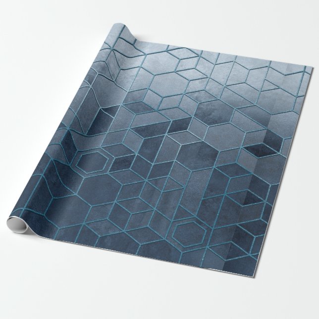 Geometric abstraction of hexagons on a blue relief wrapping paper (Unrolled)