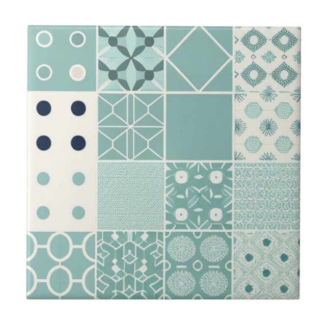 Geometric acqua-green and white pattern ceramic tile (Front)