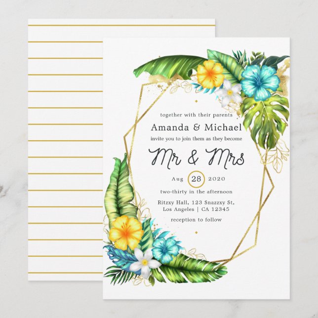 Geometric Aloha Tropical Summer Beach Wedding Invitation (Front/Back)