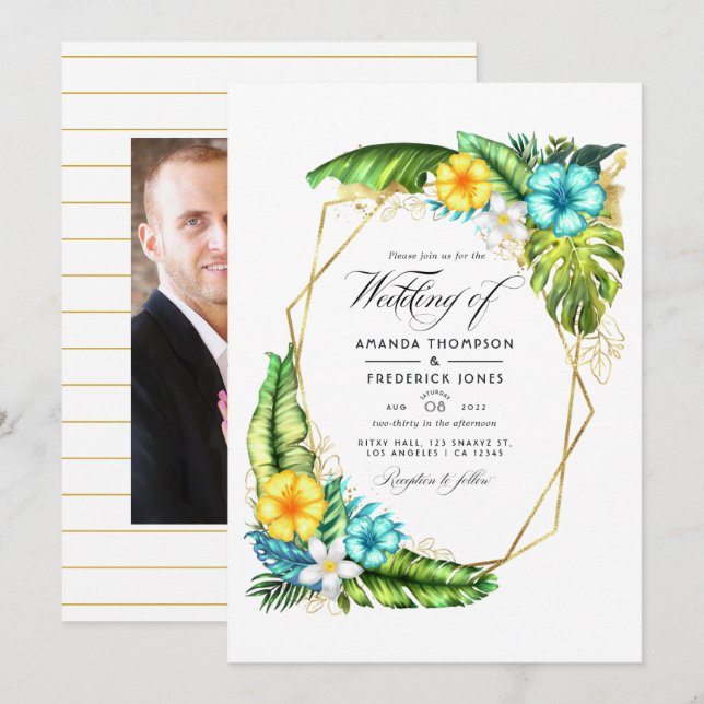 Geometric Aloha Tropical Summer Wedding Photo Invitation (Front/Back)