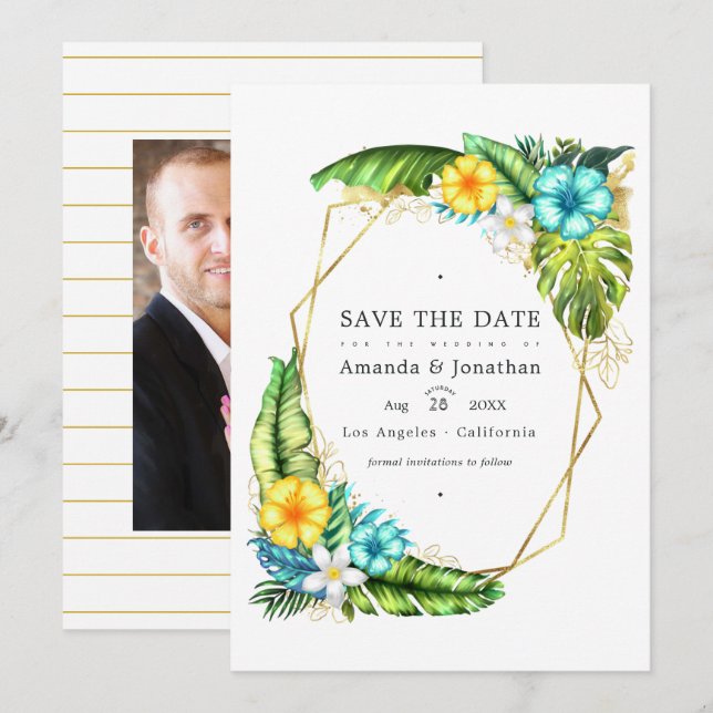 Geometric Aloha Tropical Summer Wedding Photo Invitation (Front/Back)