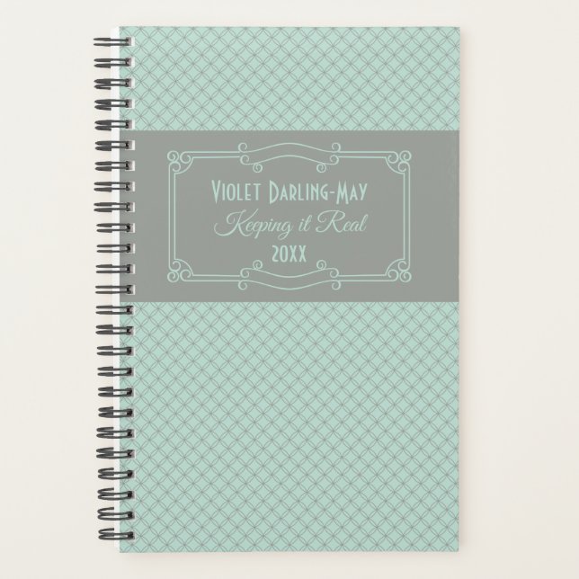 Geometric and Art Deco Mint & Gray Personalized Planner (Front)