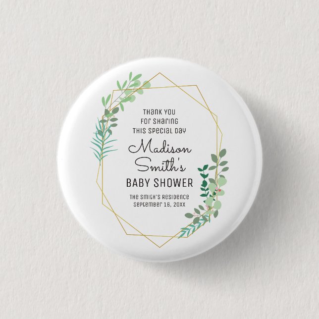 Geometric and Greenery Baby Shower Party Favor Button (Front)
