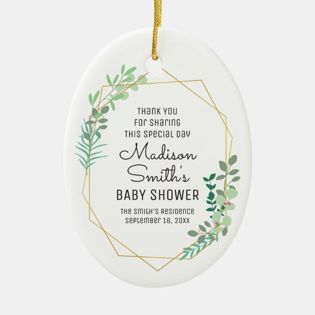 Geometric and Greenery Baby Shower Party Favor Ceramic Ornament (Front)
