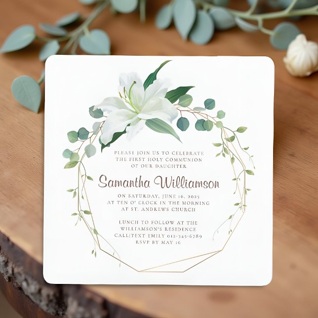 Geometric and Modern White Floral First  Communion Invitation (Creator Uploaded)