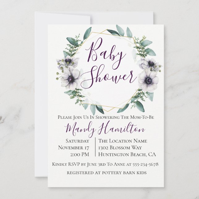 Geometric Anemone Eucalyptus Baby Shower Invitation (Front)